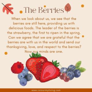 image of an illustrated berries - raspberries, blueberries, strawberries and cherries Words: When we look about us, we see that the berries are still here, providing us with delicious foods. The leader of the berries is the strawberry, the first to ripen in the spring. Can we agree that we are grateful that the berries are with us in the world and send our thanksgiving, love, and respect to the berries? Now our minds are one.