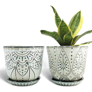 Gepege 6 Inch Beaded Ceramic Planter Set of 2 with Drainage Hole and Saucer