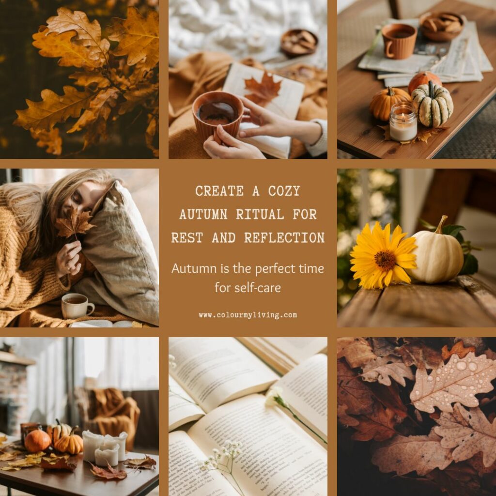 Image: A collage autumn leaves, mini squash and pumpkins and jar candles and a lady resting her head on a pillow. Text: Create a Cozy Autumn Ritual for Rest and Reflection. Autumn is the perfect time for self-care. Learn how to create cozy, reflective rituals to enjoy the season’s peace.