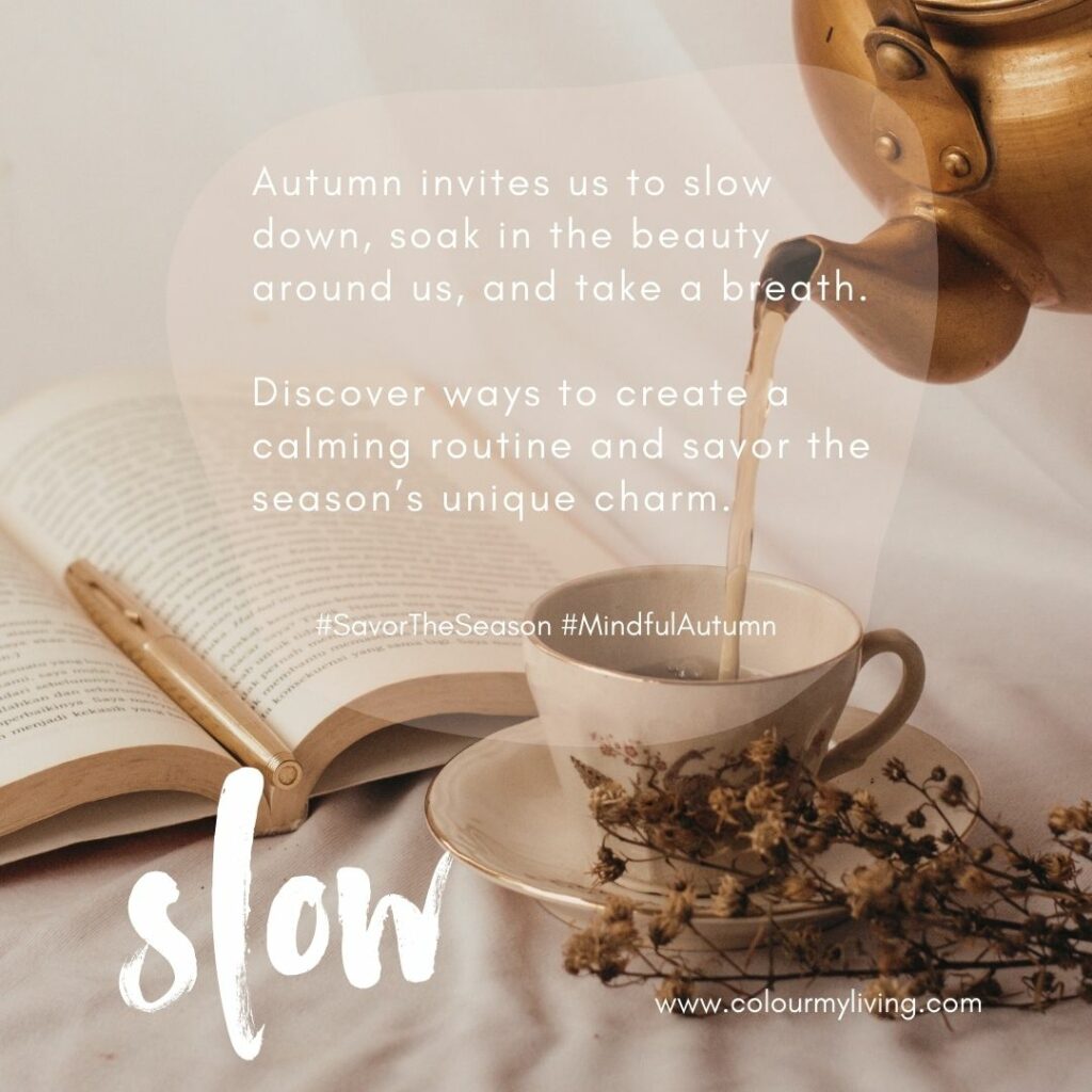 image of tea being poured in to a cup. in the background a pen and an open book, In the foreground, the word 'slow' in brush strokes. Text: Autumn invites us to slow down, soak in the beauty around us, and take a breath. 🍁 Discover ways to create a calming routine and savor the season’s unique charm. #SavorTheSeason #MindfulAutumn