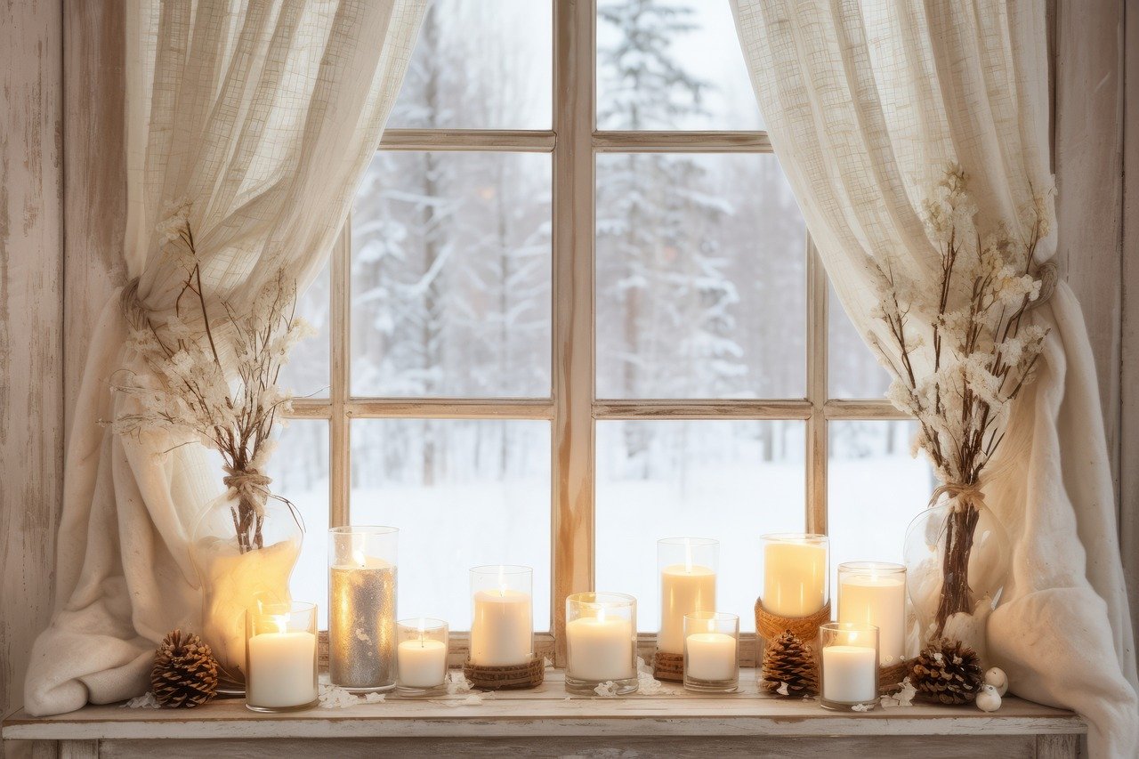 window with white candles