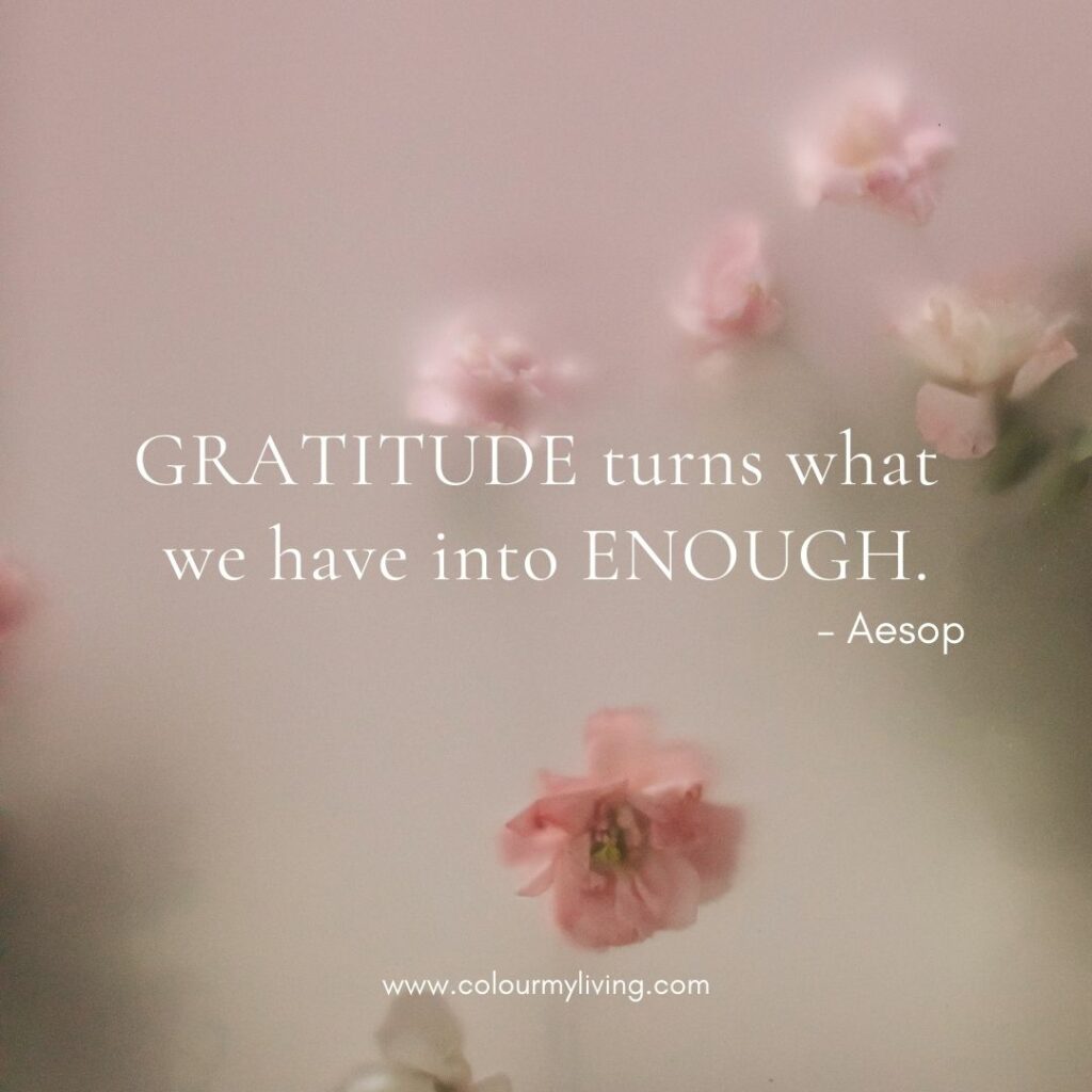 Image: Pokey style image with pink cherry blossoms in foreground. “Gratitude turns what we have into enough.” – Aesop