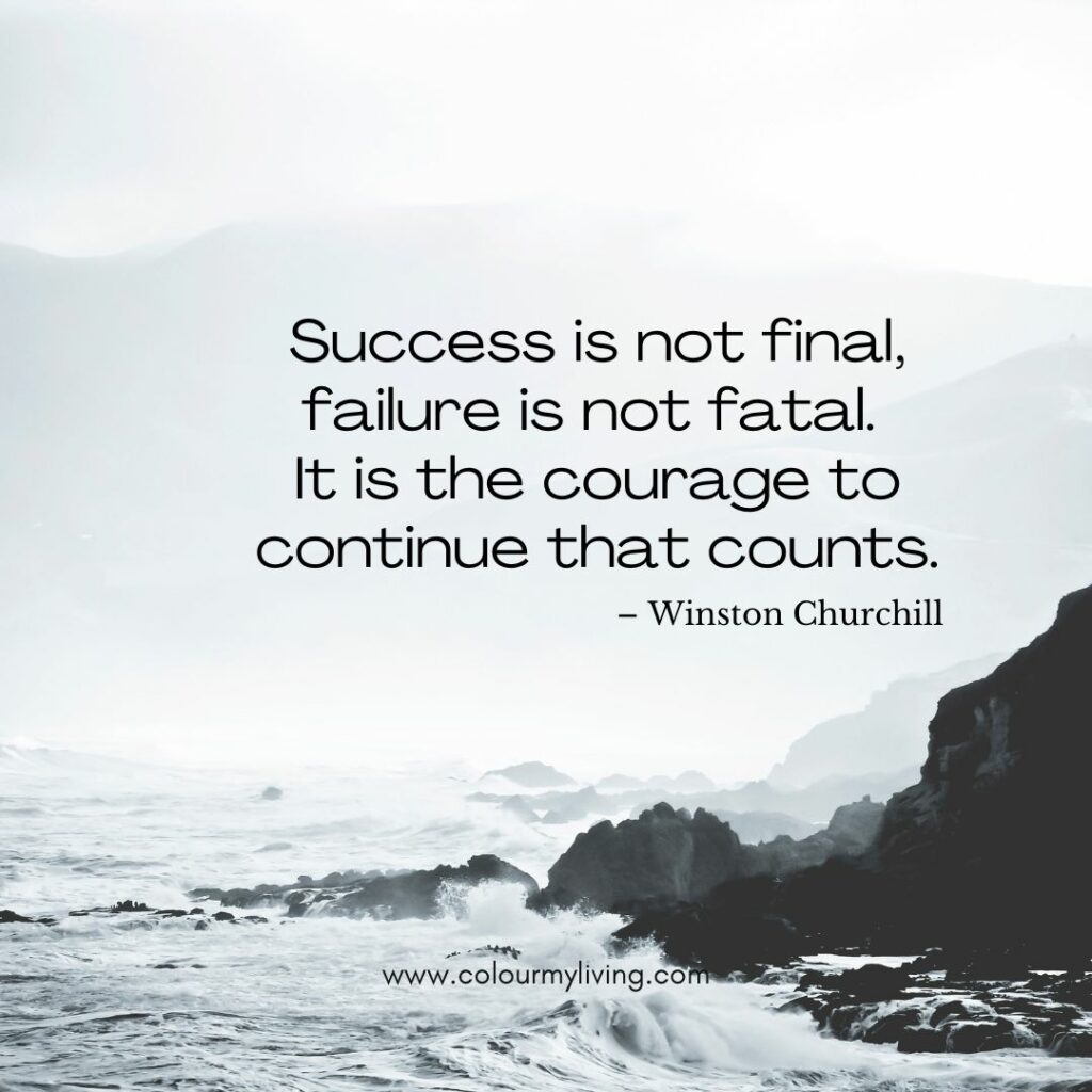 Image: Black and white image with rocks on right side and a rough sea. Quote: Success is not final, failure is not fatal: It is the courage to continue that counts.” – Winston Churchill