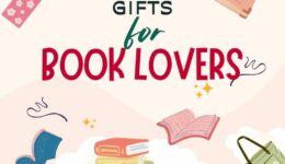 Image: light beige background with clouds. Illustrations of books, a book mark, book bag. Text: Handmade Gifts for Book Lovers