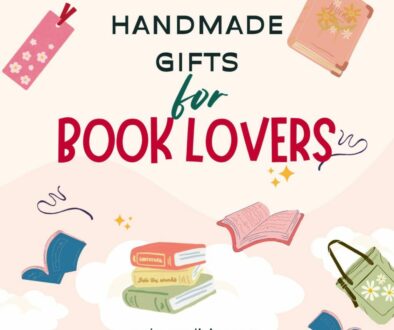 Image: light beige background with clouds. Illustrations of books, a book mark, book bag. Text: Handmade Gifts for Book Lovers