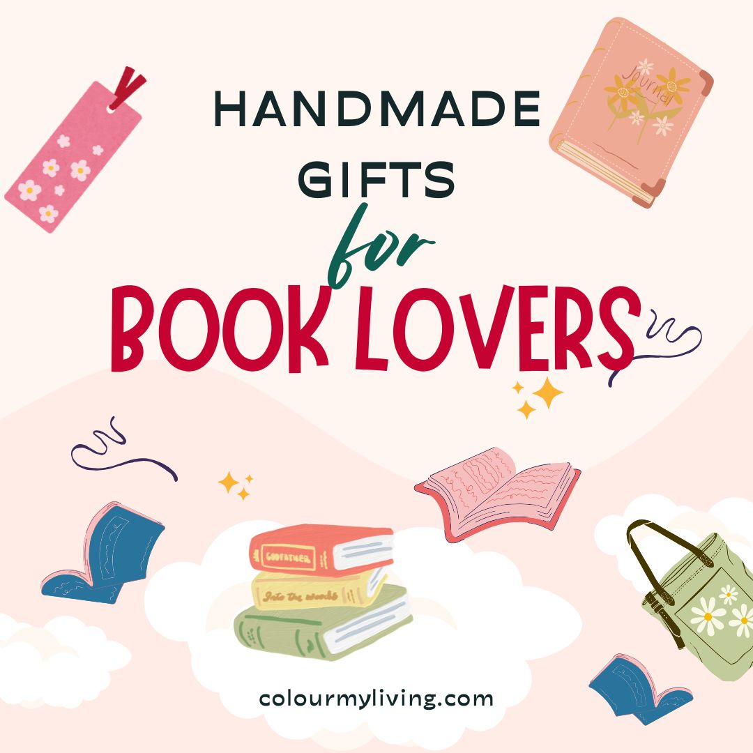 Image: light beige background with clouds. Illustrations of books, a book mark, book bag. Text: Handmade Gifts for Book Lovers