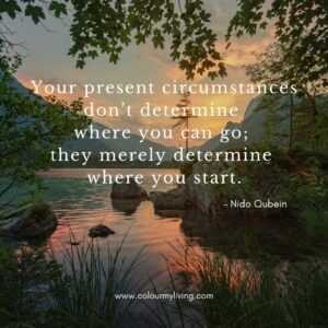 Image: View of water in a lake surrounded by trees and hills. Quote: “Your present circumstances don’t determine where you can go; they merely determine where you start.” – Nido Qubein