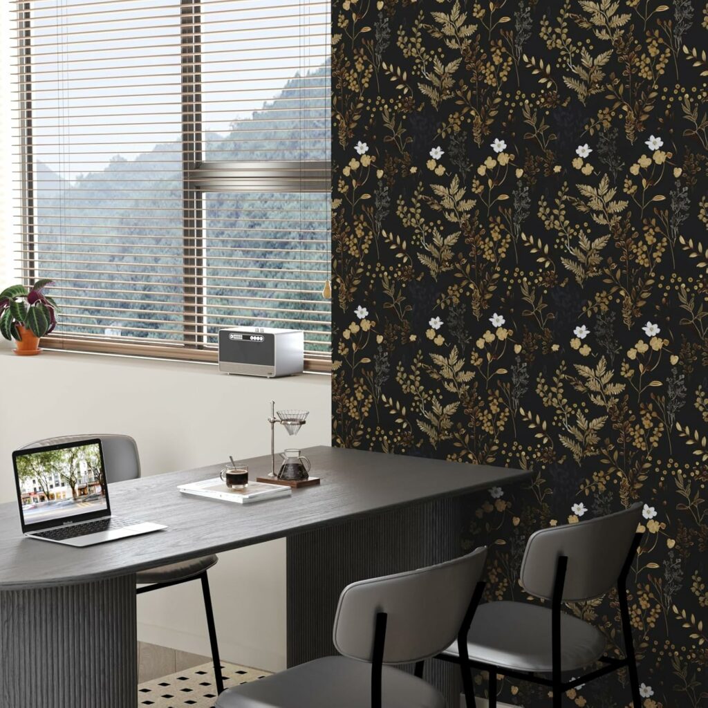 Black Floral Wallpaper Peel and Stick Wallpaper Leaf Office