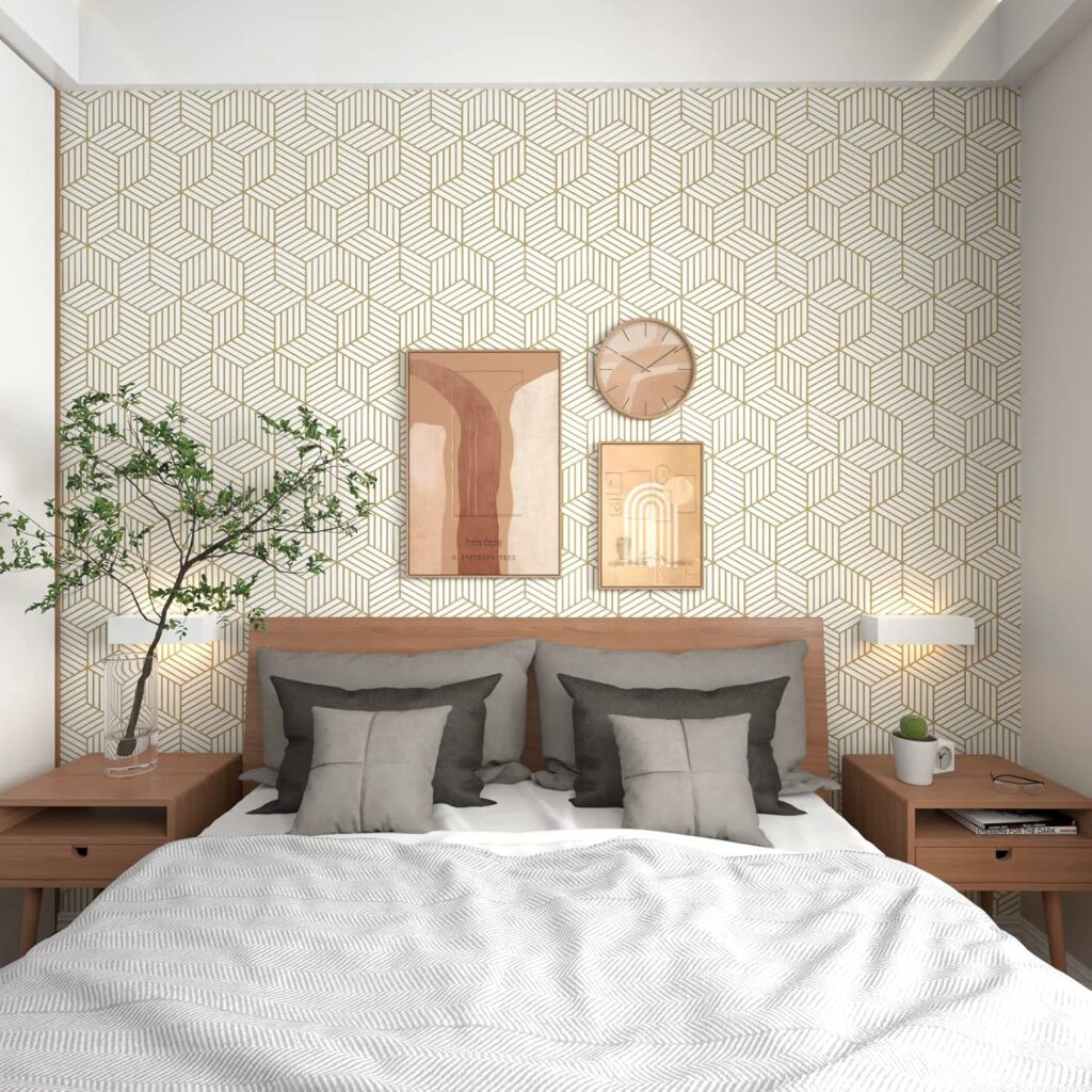 Gold and White Geometric Wallpaper Bedroom