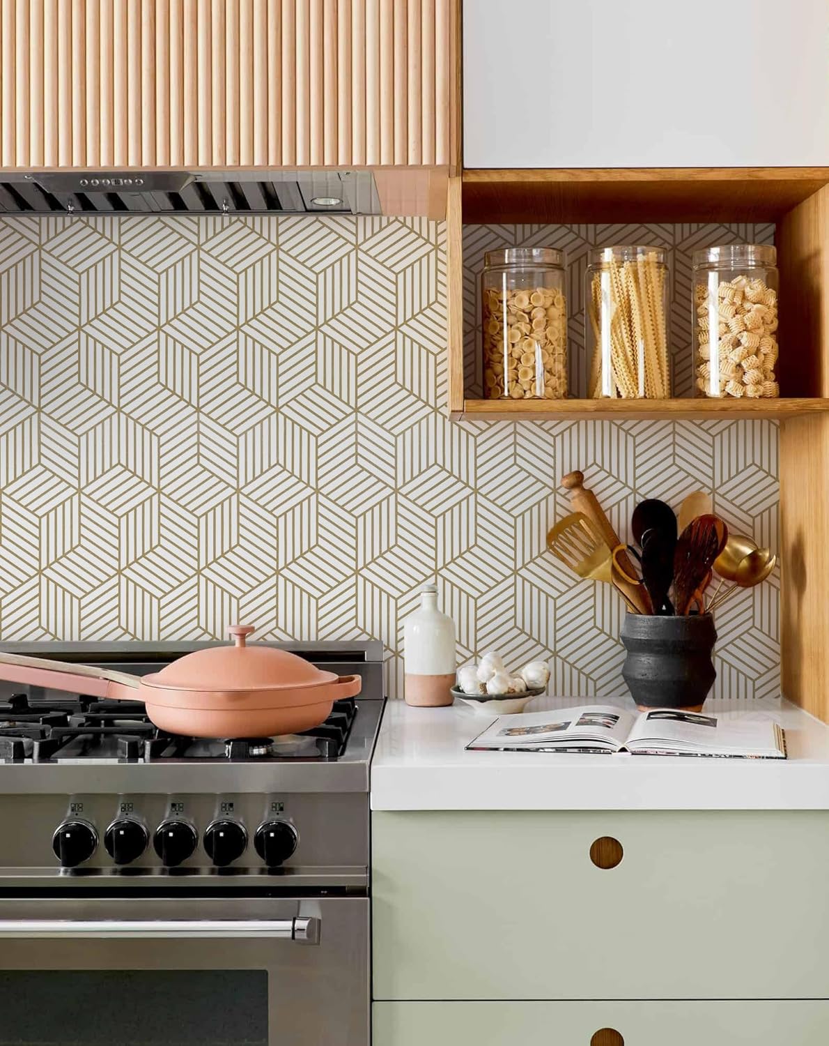 Gold and White Geometric Wallpaper Kitchen