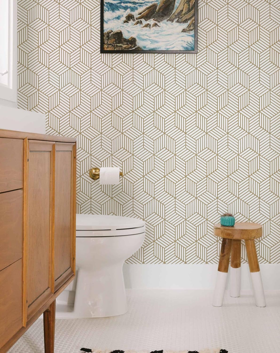 Gold and White Geometric Wallpaper Toilet