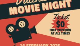 classic graphic with red background for movie night with a 2-d drawing of an old cinema projector. Text: Valentine's Movie Night. Ticket $0 Free popcorn at all times, 14 February 2025 movie marathon, home cinema, colourmyliving.com