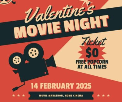 classic graphic with red background for movie night with a 2-d drawing of an old cinema projector. Text: Valentine's Movie Night. Ticket $0 Free popcorn at all times, 14 February 2025 movie marathon, home cinema, colourmyliving.com