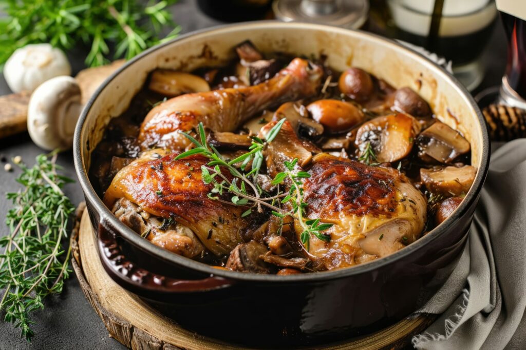 A large casserole pot of coq au vin with mushrooms and herbs in the background 